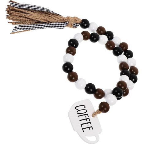 Guirlande de perles en bois avec pompons et étiquette pour tasse à café style rustique (1/5)