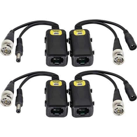 Balun vidéo passif RJ45 femelle vers BNC mâle DC Power Jack émetteur-récepteur réseau, surveillance Full HD RJ45 vers BNC, compatible avec tous les équipements vidéo (16,5 cm/2 paires) (1/5)