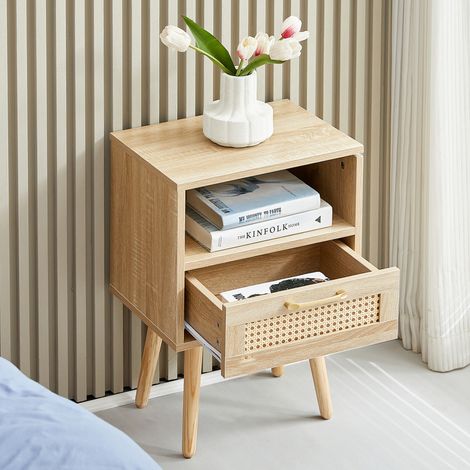 Table de chevet moderne en MDF naturel avec façade effet rotin, 1 tiroir et pieds en bois massif 40x30x55 cm