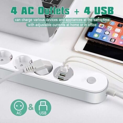 NALOOKAMIC Multiprise USB Multiprise Parafoudre Parasurtenseur 4 Prises avec 4 Prises USB, Power Strip avec Interrupteur, Multi Prise Protection Contre Surcharges et Surtensions, Multiprise electrique