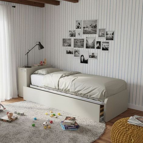Letto singolo con secondo letto estraibile e testata testiera contenitiva - 80x190 - Ecru cappuccino