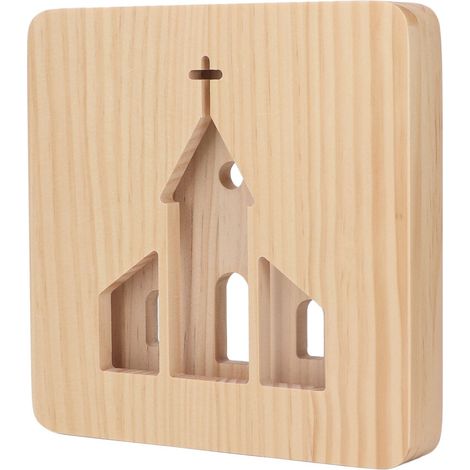Veilleuse en bois alimentée par USB, ornée d'un motif d'église, offrant un éclairage à 360 degrés.