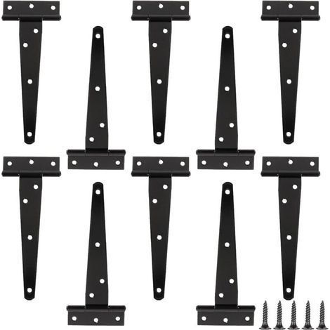 pair 10 charnières en T de six pouces, charnières en T robustes, charnières de porte en T, avec 70 vis, adaptées aux portes, fenêtres, clôtures, abris de jardin, etc. (1/4)