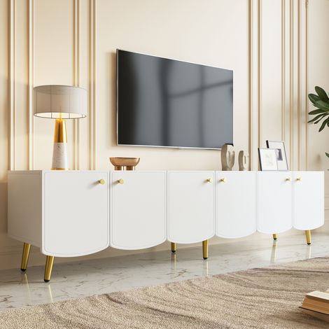 Mueble TV (180x40x45 cm), con 6 puertas, estilo moderno, patas y tiradores dorados, tablero de partículas, blanco y dorado (1/5)
