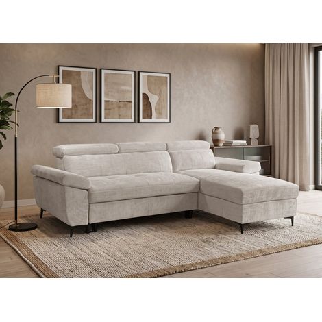 Canapé d'angle convertible en velours chiné beige MONICA - Angle (1/5)