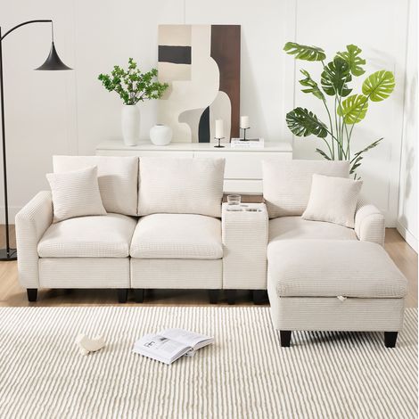Sofá esquinero en L de pana beige con consola central, USB y 2 posavasos OKMYHOME (1/5)