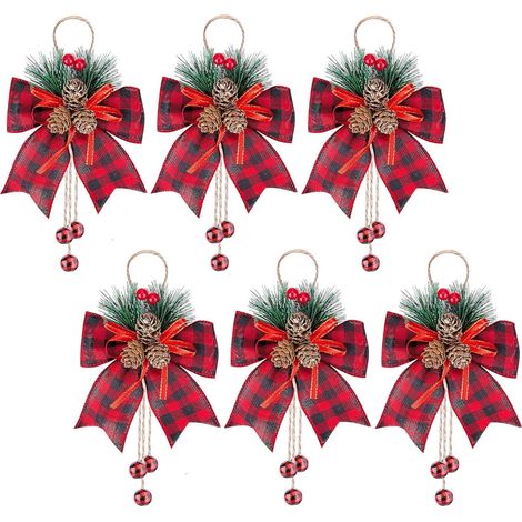 Ribbon Bow - Burlap Plaid - Pine Cones Decoration - 5.5 x 11.8 Pouces - Pour Décoration De Sapin Et Couronne De Noël - Lot De 6 (1/5)