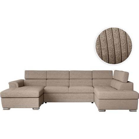 Loungitude – Canapé panoramique 6 places convertible en velours côtelé – 2 coffres de rangement – Taupe – Confort optimal pour salon moderne