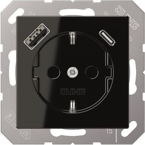 Jung Presa SCHUKO®, 16 A 250 V , con caricatore USB, 1 x tipo A + 1 x tipo C, SAFETY+, serie A, nero A 1520-15 CA SW