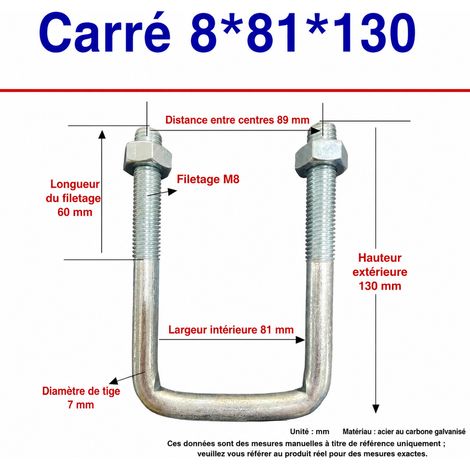 Collier carré à boulon d’angle M8 galvanisé 130 mm pour tube de 80 mm 81 130 80 60 299 g – Livraison gratuite