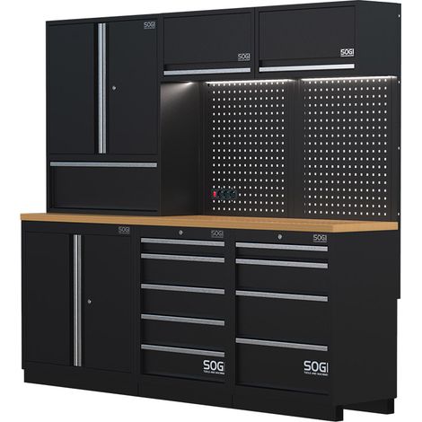 Arredamento modulare in lamiera SOGI ARR-OFF-2275-L per officina e garage - piano in legno - 2275x465x2000 mm (1/5)