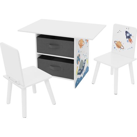 Joyz 3tlg Kindersitzgruppe, 1 Kindertisch mit Stauraum und 2 Stühlen, Weltraum, Weiß, Kindertischgruppe Holz, Kindermöbel Set für Kinder, Schreibtisch Maltisch mit 2 Kinderstühlen für Kinderzimmer