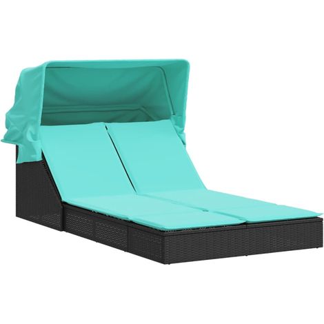 Chaise longue Transat Bain de soleil double et auvent et coussins noir résine tressée (1/5)