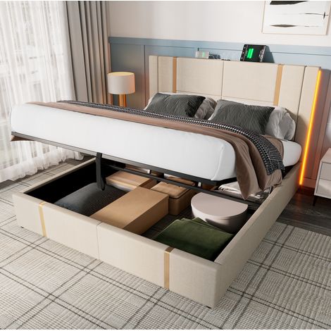 Letto imbottito 160x200 cm beige con LED e USB/Type-C, contenitore, senza materasso – MEUBLIV (1/5)