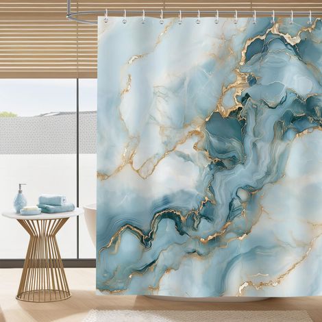 Rideau de Douche en marbre Bleu Sarcelle et doré texturé Abstrait Moderne pour Salle de Bain - Tissu résistant à la moisissure avec 12 Crochets - 180 x 180 cm (1/5)