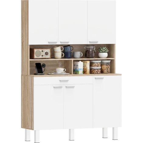 Buffet haut cuisine, armoire de cuisine, 6 portes, tiroir et étagères ouvertes, 120x40x175cm, blanc et bois naturel (1/5)