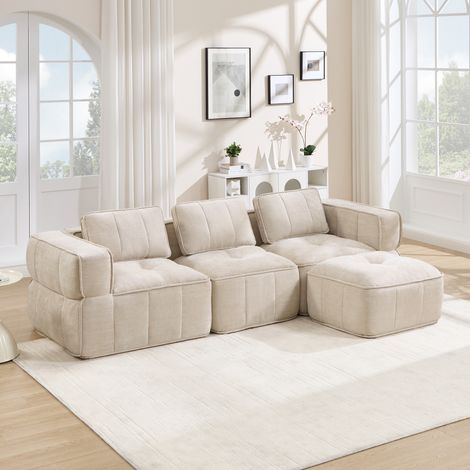 Canapé d'angle modulable 271x162x67 cm – canapé l 3 places avec pouf assise épaisse modules séparables – tissu – beige (1/5)