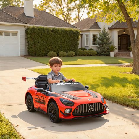 Mercedes-AMG GT3 Elektro-Kinderauto, 12V, 12V, 2 Motoren, Fernbedienung, LED-Beleuchtung, kabellose Musik, Schiebegriff und Transporträder, Orange
