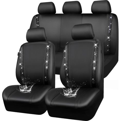 Housses siège Voiture en Cuir imperméable, Bling Diamant Brillant Cristal Scintillant, Universel pour 95% de Toutes Les Automobiles Camions SUV, Femmes Hommes(Ensemble Complet, Noir) (1/5)