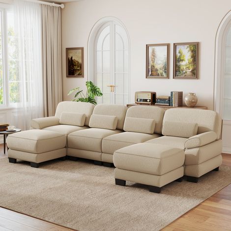Canapé panoramique modulable 4 places 336 x 161 x 94 cm avec 2 poufs, assise profonde et coussins épais, velours côtelé, beige (1/5)