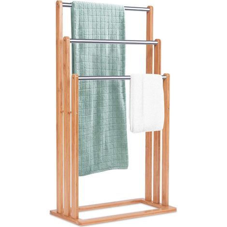 COSTWAY Toallero de Baño de Pie con 3 Brazos de Bambú Acero Inoxidable Toalla Soporte Organizador Color Natural (1/5)