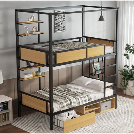 MEUBLIV Etagenbett 90x200 cm Schwarz+Natur – Stauraum und Ablage ohne Matratze (1/4)