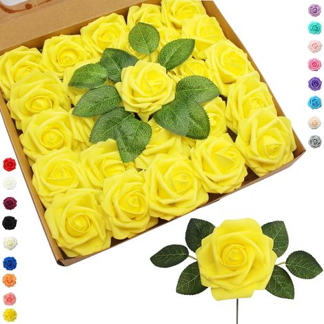 25 pièces Fleurs Artificielles Roses Artificielles Jaune,Mousse Faux Roses avec Tiges Décoration Florale pour Anniversaire Mariage Gâteau Fête Jardin Artisanat Douche Nuptiale Saint Valentin (1/5)