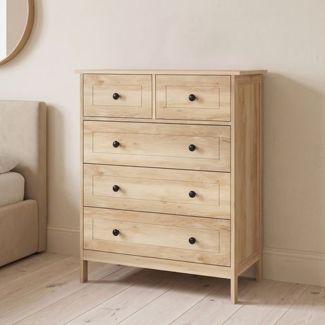 Commode meuble de rangement 5 tiroirs pour chambre, bureau, entrée, chêne et poignée métal noir (1/5)