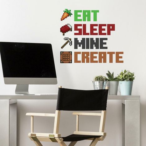 Stickers muraux repositionnables Minecraft -Manger, Dormir, Miner, Créer- (1/5)