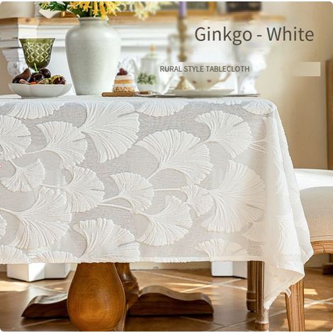 Nappe à pompons blanche, décoration de bureau de style ins, adaptée pour 4 à 6 personnes, avec motif de dentelle florale brodée, 140 x 140 cm (l x L). (1/5)