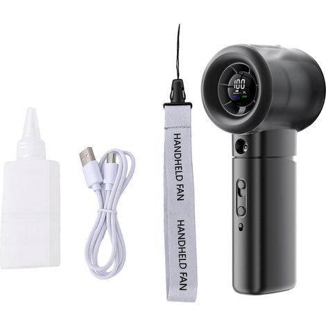 Ventilateur portable avec brumisateur, vitesse réglable en continu, affichage numérique, rechargeable, pour une utilisation intérieure et extérieure, noir. (1/5)
