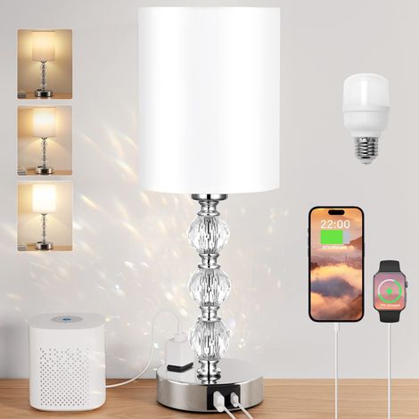 Crystal Touch Nachttischlampe für Schlafzimmer, mit USB C+A Ladeanschluss und AC-Steckdose, Weiß, 3 Lichtintensitäten, Silber, Kleine Beistelltischlampe für Wohnzimmer/Esszimmer/Küche