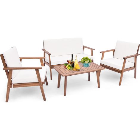 Set di mobili da giardino a 4 pezzi, divano in legno di acacia con cuscini per seduta e schienale, tavolino rettangolare, per giardino Bianco (1/5)