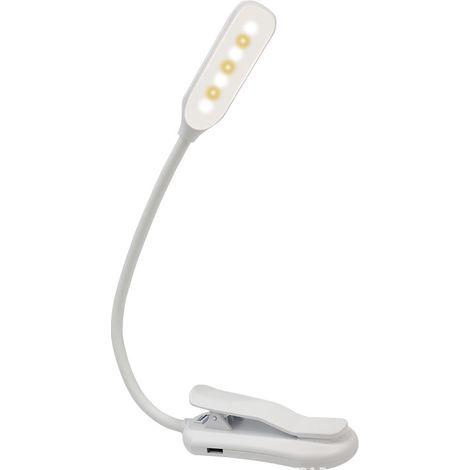 Mini-tragbare, per USB aufladbare Nachttischlampe, dimmbar, mit Clip, zum Lesen im Bett, weiß.