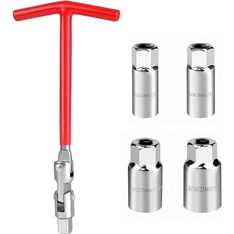 Set of 5 Red T-Handle Universal Spark Plug Wrench Suitable for Most Cars, Motorcycles, Lawnmowers etc. (14/16/18/21 mm) (1/5)