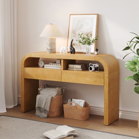Table console étroite naturel avec 2 tiroirs et façade arrondie – meuble d'entrée à patins réglables, pour couloir ou petit espace, 120x36x78 cm