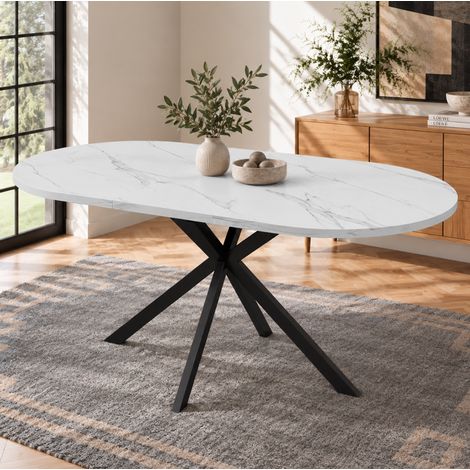 MODFU – Mesa extensible 120-160x80 cm de MDF/metal con tablero redondeado, almacenamiento integrado, patas de metal y carga 60 kg – Blanco (1/5)