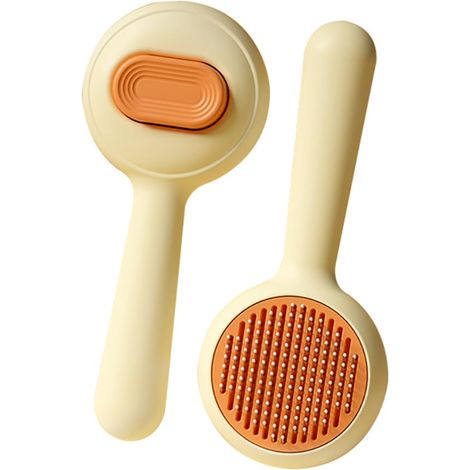 Brosse de toilettage autonettoyante jaune pour chats et chiens, brosse de massage pour poils courts et longs, élimine les poils morts et le sous-poil grâce à sa poignée ergonomique. (1/5)