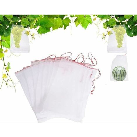 Confezione da 100 sacchetti a rete anti-insetti, rete protettiva in nylon per giardino, sacchetti riutilizzabili per la protezione di frutta e piante, sacchetti per uva anti-uccelli con coulisse, 15 x (1/5)