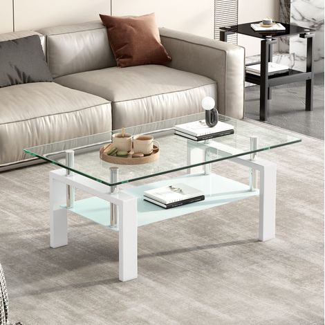 Mesa de centro de vidrio templado 100 x 60 x 44 cm, doble nivel, blanca DESVIAE (1/5)
