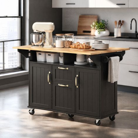 Isola da cucina mobile 120/40-60-80/92 cm in nero e naturale con piano pieghevole e prese (1/5)