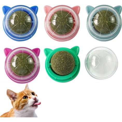 Balle À Herbe À Chat - Menthe À Chat Naturelle - Fixation Murale Autocollante - Rotation 360° - Lot De 5 (1/5)
