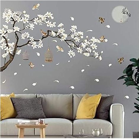 Sticker mural fleurs cerisier et oiseau – Dimensions 187 x 128 cm – 8 pièces en PVC/vinyle – Imperméable et facile à appliquer - SIZE 187 X (1/4)