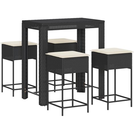 Mesa y taburetes altos jardín 5 pzas y cojines ratán PE negro vidaXL (1/5)
