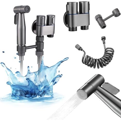 Douchette manuelle pour WC, flexible de bidet pour robinet de WC, kit de douche pour douche musulmane, douchette de bidet à double valve pour couches lavables et toilettes pour femmes (gris) (1/5)