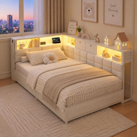 Cama individual 90x200 cm tapizada con 2 cajones, Cabecero con LED estantes y puerto USB+Tipo C, Cabecero reversible en forma de L, de tela, Blanco (1/5)