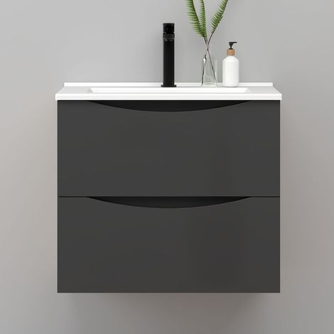 Meuble de salle de bain suspendu 60cm avec simple vasque + 2 tiroirs, Anthracite
