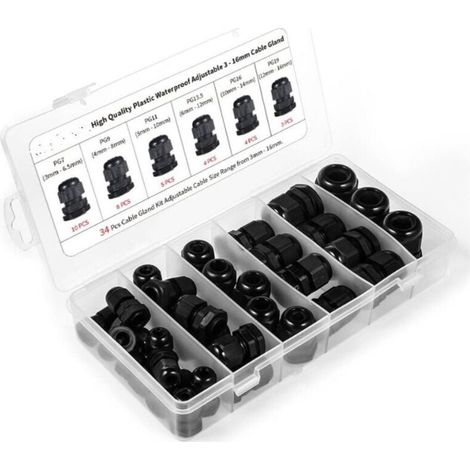 Kabelverschraubungen, Packung mit 34 wasserdichten Kunststoff-Kabelverschraubungen, PG7, PG9, PG11, PG13,5, PG16, PG19