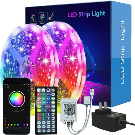Two 10-meter long LED light strips, smart Bluetooth control with 30 LED beads per meter, for a total of 600 LED beads, 12V RGB light strips, remote control, with (1/5)
