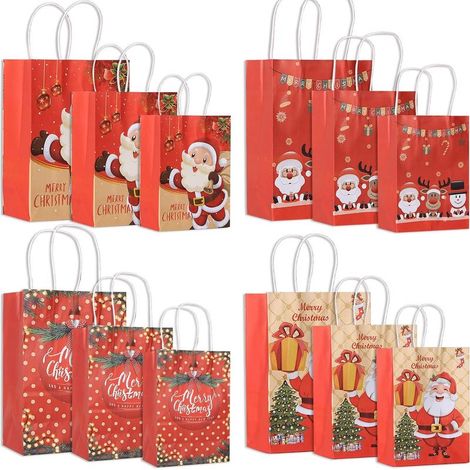 Sac Cadeau Noel, 12 PCS Sac Papier Kraft Poignée Noël, Sachet Bonbons Anniversaire Durable, Pochette Cadeau Grands, Moyens et Petits pour Noël, Fête Du Thé, Mariage et Fêt (1/4)